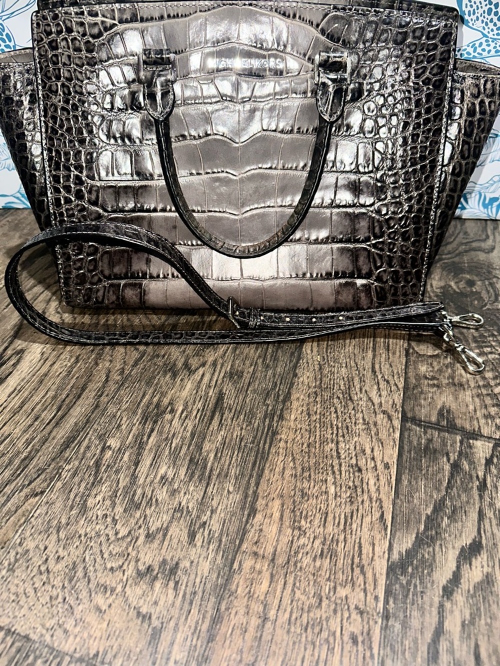 Michael Kors Croc-Embossed Tote in Dark Gray-Black - Picture 11 of 12